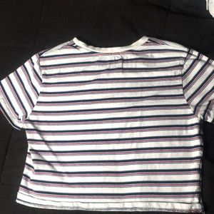 Red blue and black striped with white shirt cropped tee